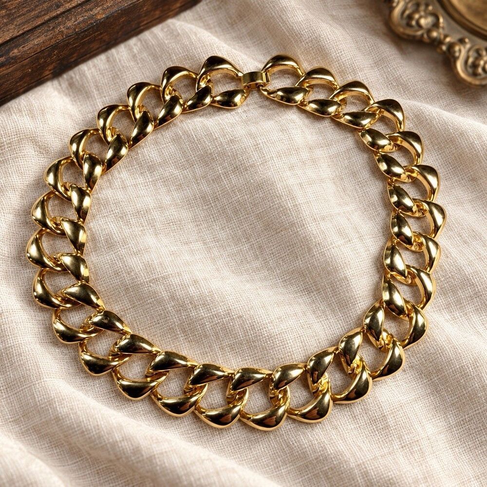 Gold Tone Chunky Curb Link Chain Necklace Bold Statement Sculptural Jewelry